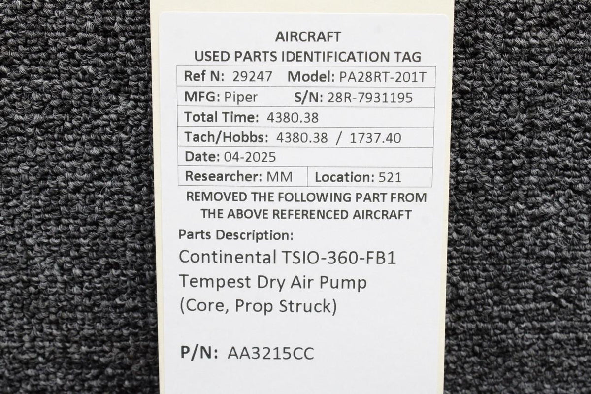 Tempest AA3215CC Continental TSIO-360-FB1 Tempest Dry Air Pump (Core, Prop Struck)