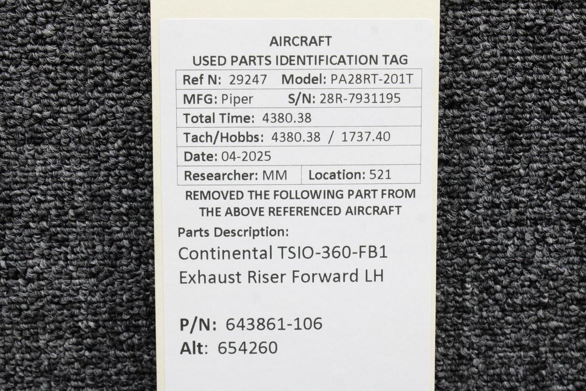 Continental Motors  643861-106 (Alt: 654260) Continental TSIO-360-FB1 Exhaust Riser Forward LH