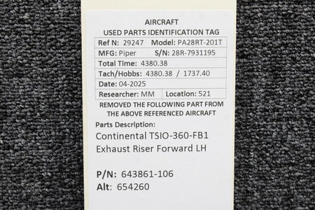 Continental Motors  643861-106 (Alt: 654260) Continental TSIO-360-FB1 Exhaust Riser Forward LH