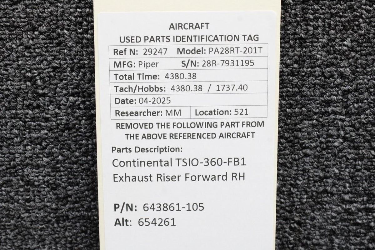 Continental Motors  643861-105 (Alt: 654261) Continental TSIO-360-FB1 Exhaust Riser Forward RH