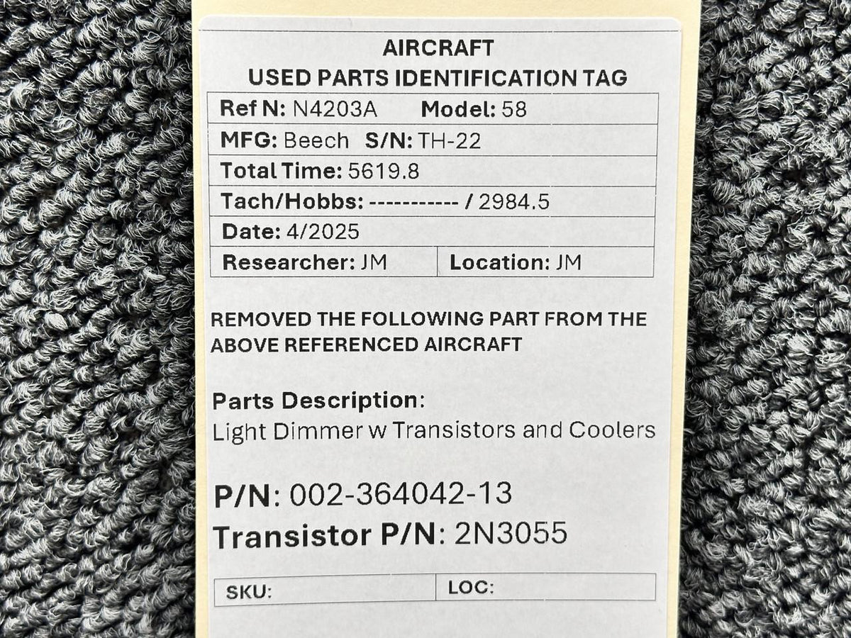 Beechcraft Parts 002-364042-13, 2N3055 Beechcraft 58 Light Dimmer w Transistors and Coolers