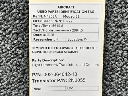 Beechcraft Parts 002-364042-13, 2N3055 Beechcraft 58 Light Dimmer w Transistors and Coolers