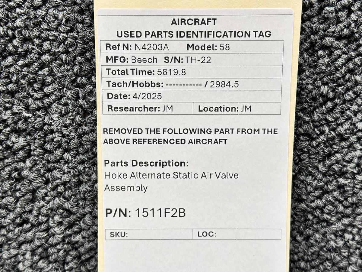 Hoke 1511F2B Hoke Alternate Static Air Valve Assembly