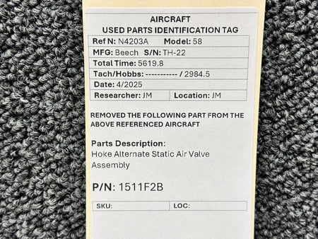 Hoke 1511F2B Hoke Alternate Static Air Valve Assembly
