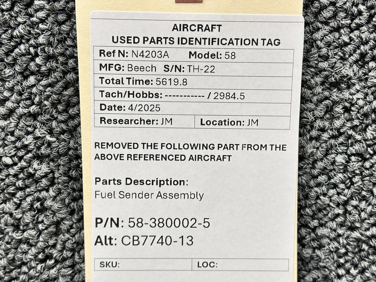 Beechcraft Parts 58-380002-5 (Alt: CB7740-13) Beechcraft 58 Fuel Sender Assembly