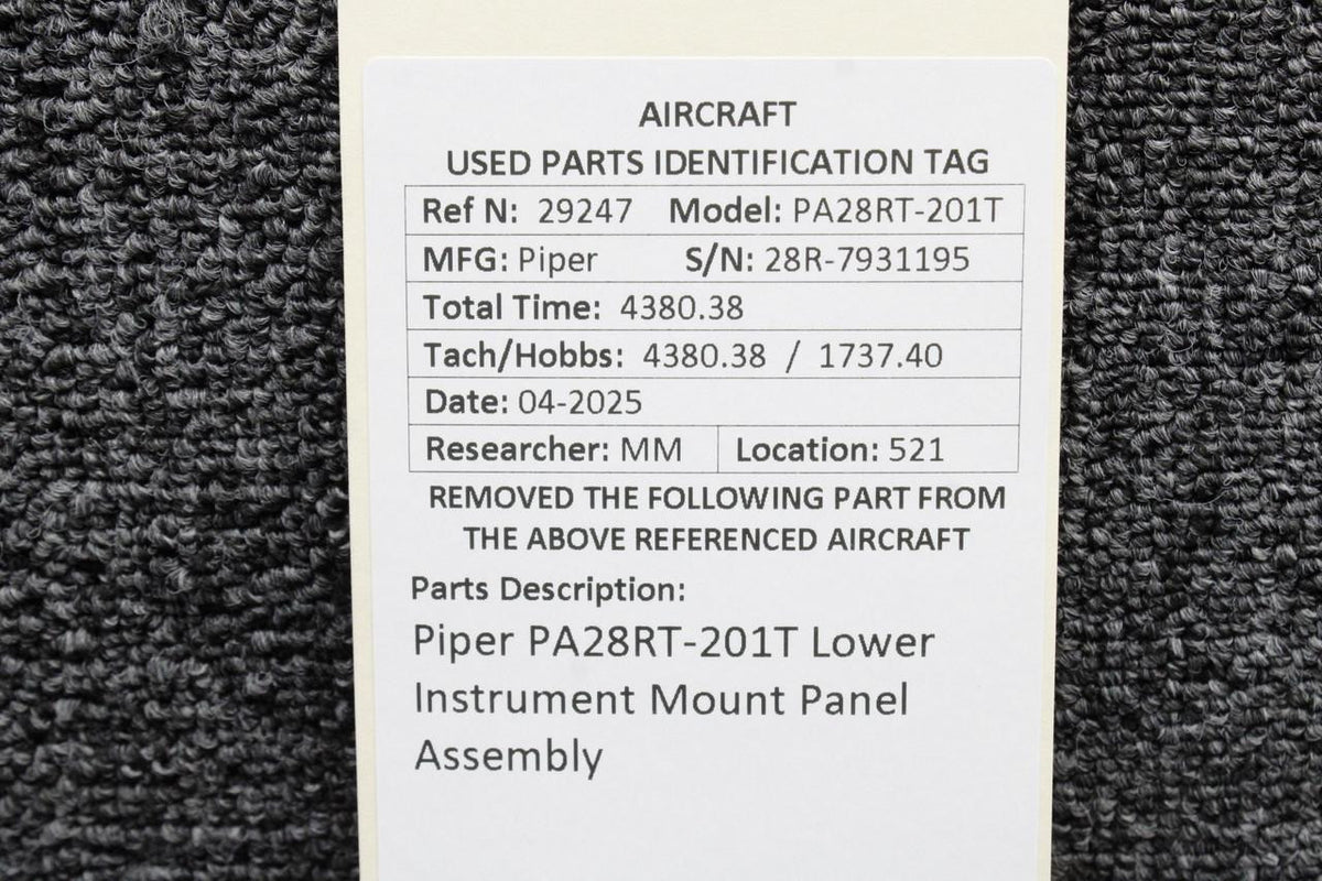Piper Aircraft Parts Piper PA28RT-201T Lower Instrument Mount Panel Assembly