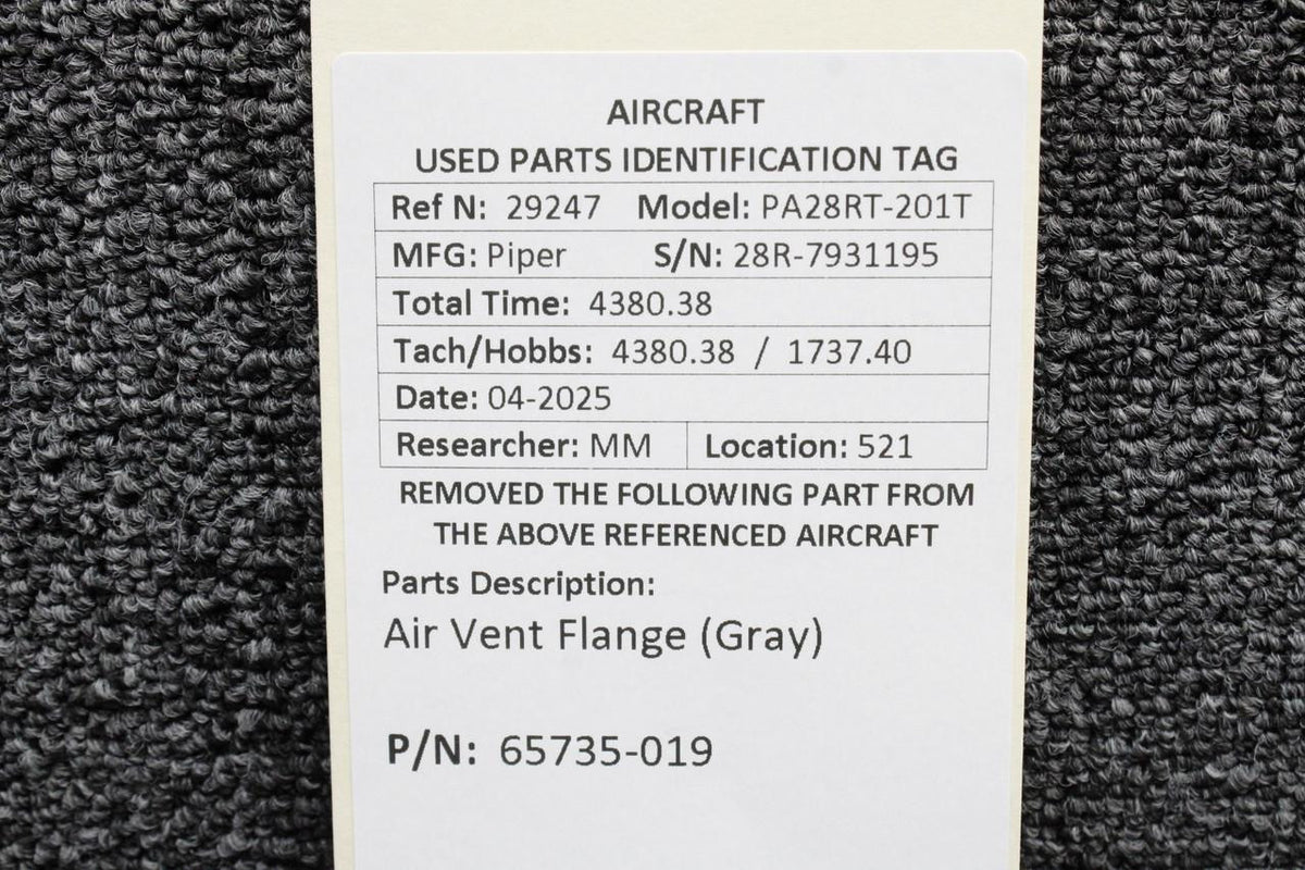 Piper Aircraft Parts 65735-019 Piper PA28RT-201T Air Vent Flange (Gray)