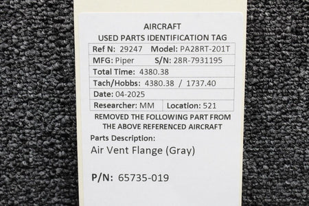 Piper Aircraft Parts 65735-019 Piper PA28RT-201T Air Vent Flange (Gray)