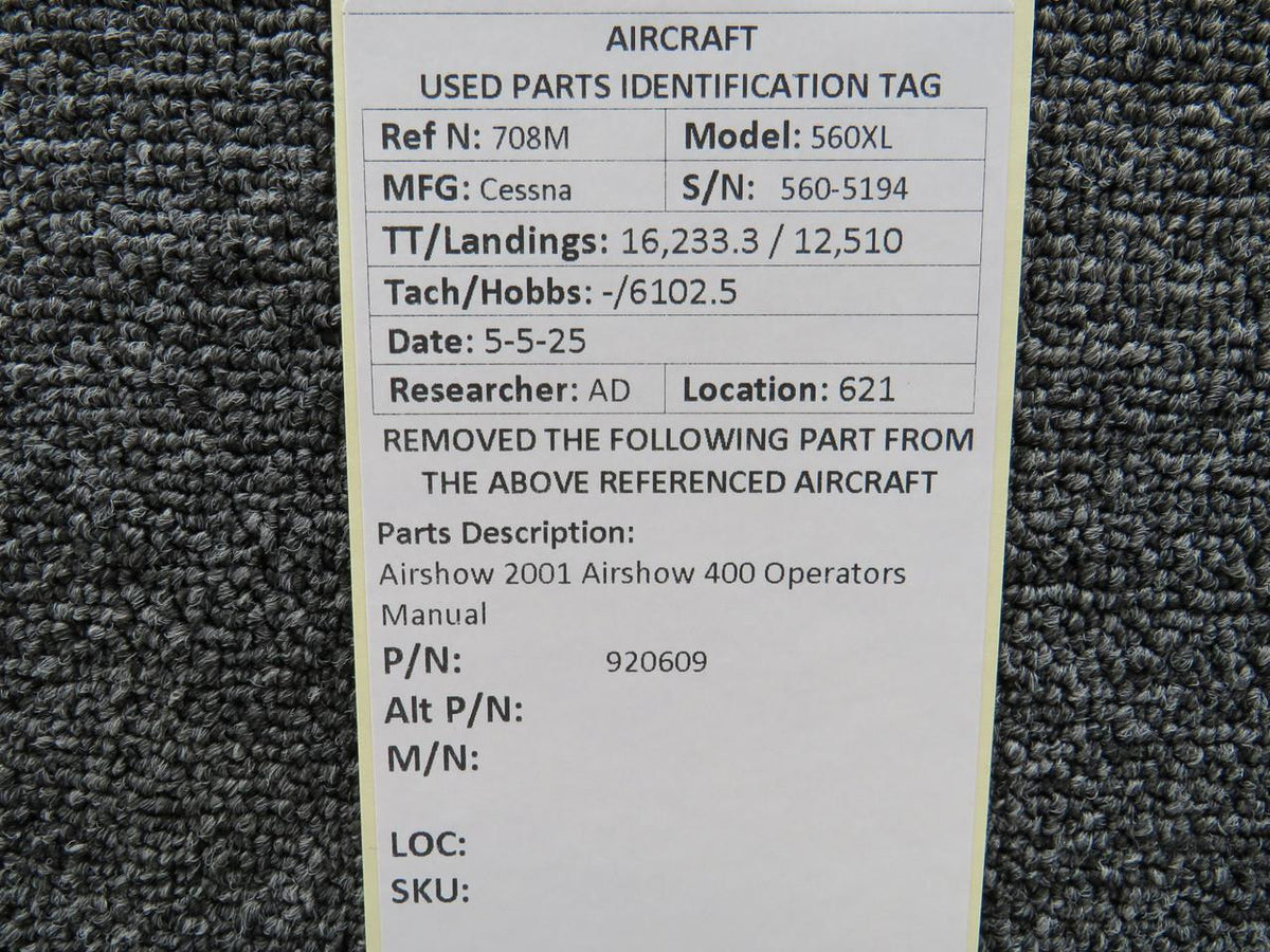Airshow 920609 Airshow 2001 Airshow 400 Operators Manual