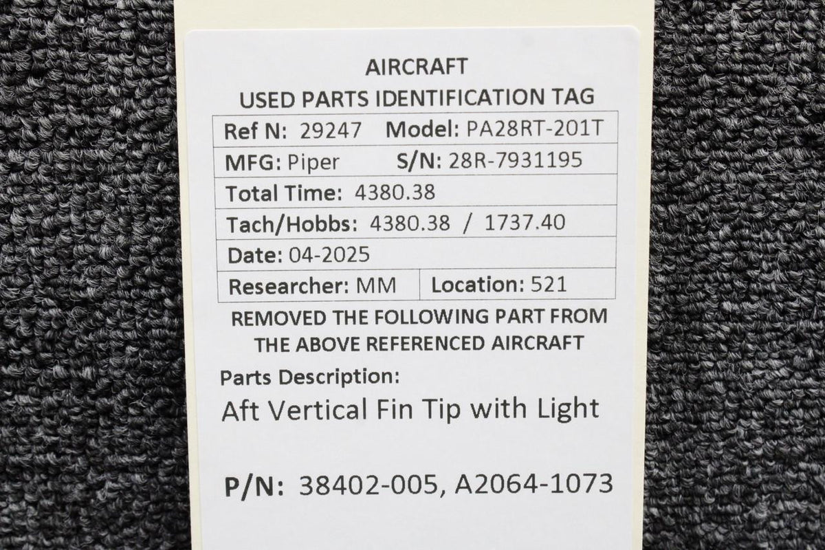 Piper Aircraft Parts 38402-005, A2064-1073 Piper PA28RT-201T Aft Vertical Fin Tip with Light