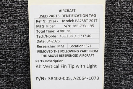 Piper Aircraft Parts 38402-005, A2064-1073 Piper PA28RT-201T Aft Vertical Fin Tip with Light