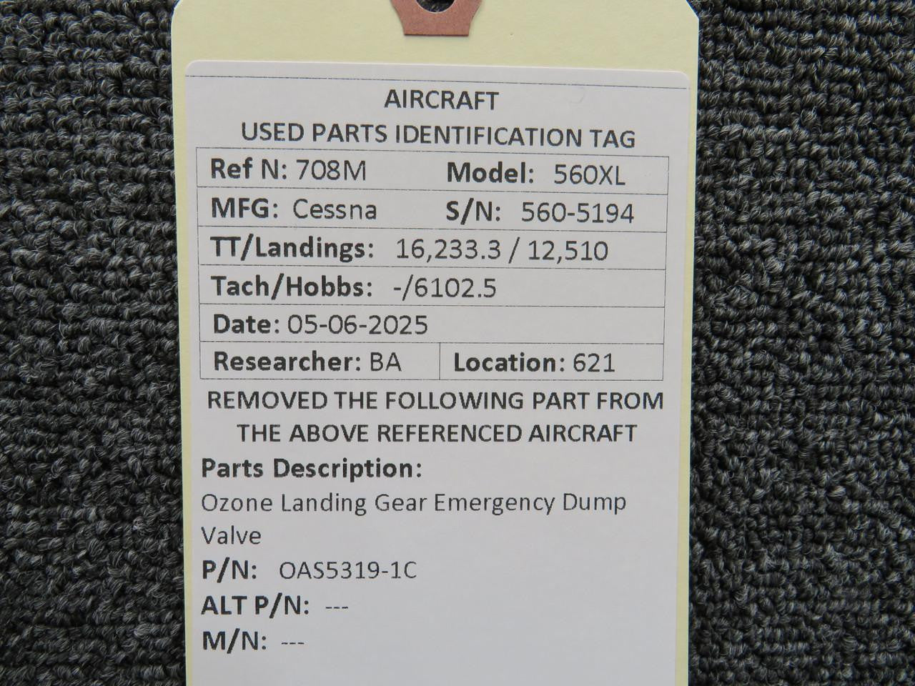 OAS5319-1C Ozone Landing Gear Emergency Dump Valve – BAS Part Sales
