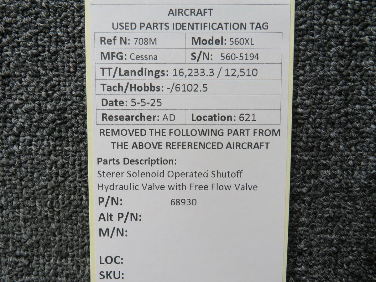 Sterer 68930 Sterer Solenoid Operated Shutoff Hydraulic Valve with Free Flow Valve