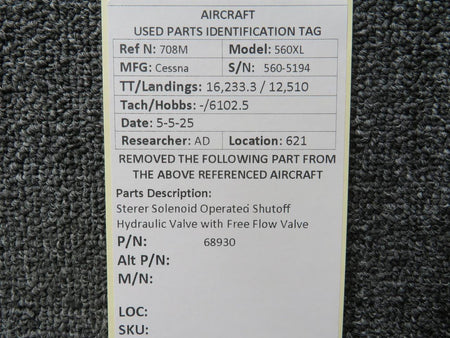 Sterer 68930 Sterer Solenoid Operated Shutoff Hydraulic Valve with Free Flow Valve