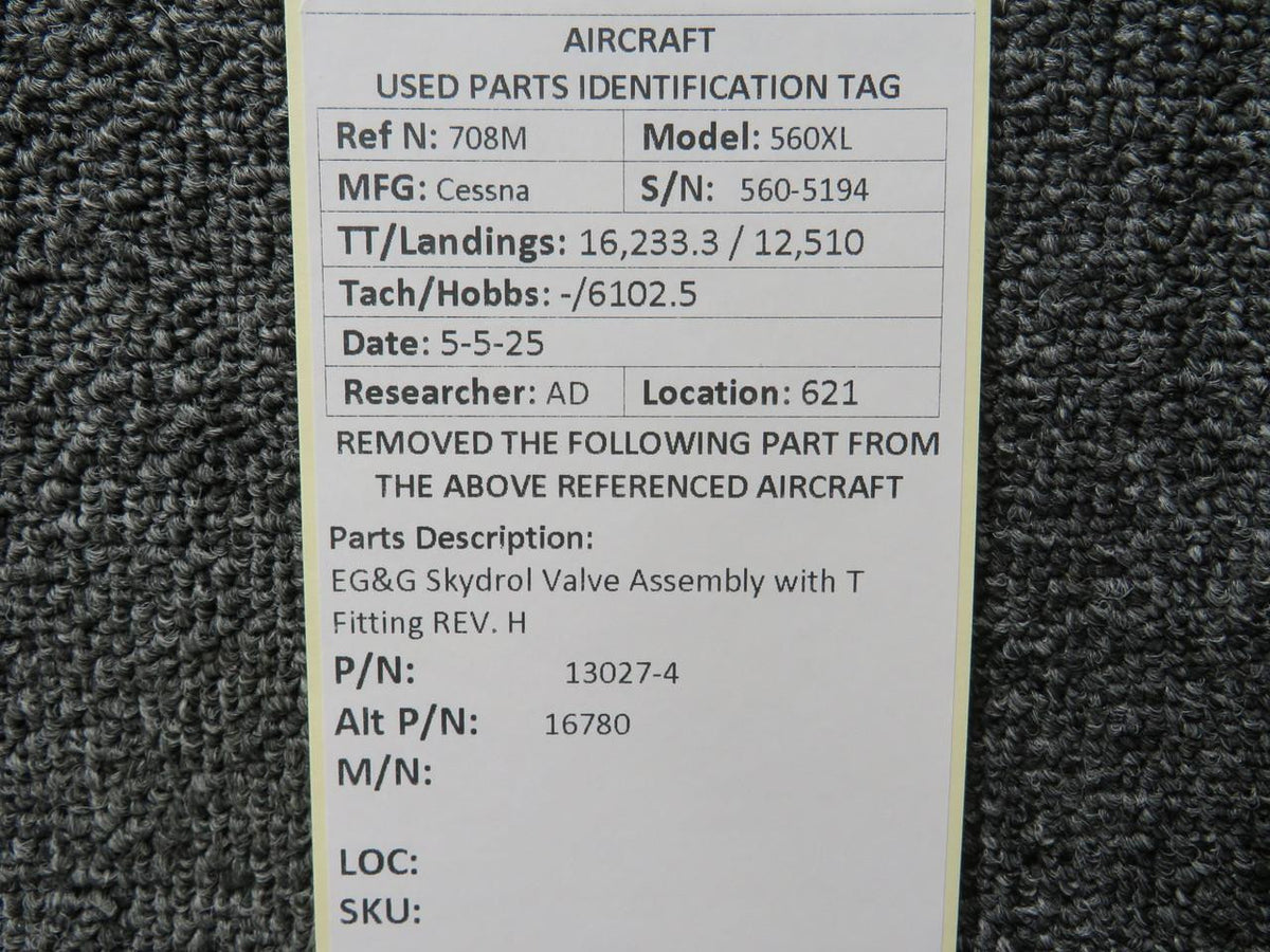 EG&G 13027-4 (Alt: 16780) EG&G Skydrol Valve Assembly with T Fitting REV. H
