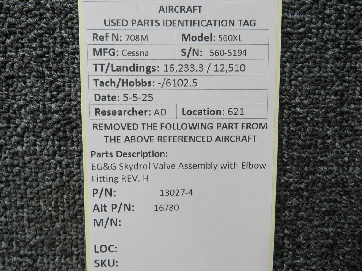 EG&G 13027-4 (Alt: 16780) EG&G Skydrol Valve Assembly with Elbow Fitting REV. H