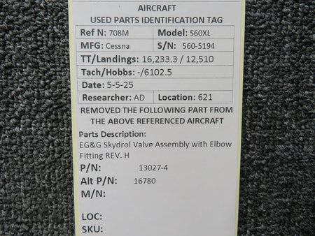 EG&G 13027-4 (Alt: 16780) EG&G Skydrol Valve Assembly with Elbow Fitting REV. H