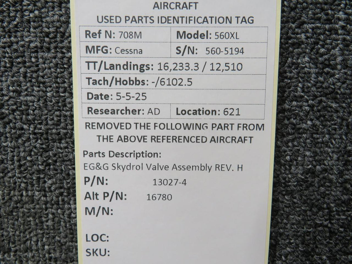 EG&G 13027-4 (Alt: 16780) EG&G Skydrol Valve Assembly REV. H