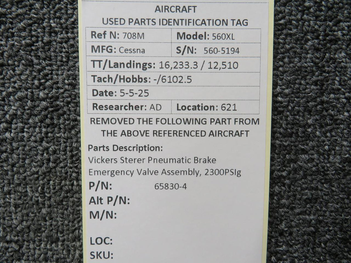 Vickers 65830-4 Vickers Sterer Pneumatic Brake Emergency Valve Assembly, 2300PSIg