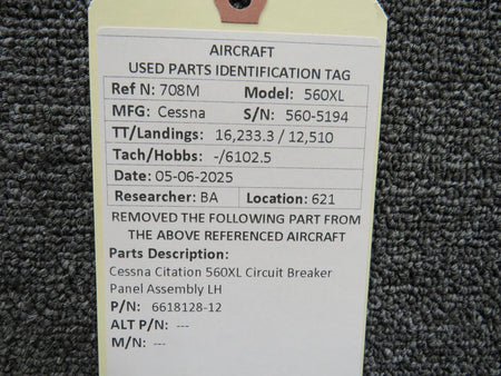 Cessna Citation 6618128-12 Cessna Citation 560XL Circuit Breaker Panel Assembly LH