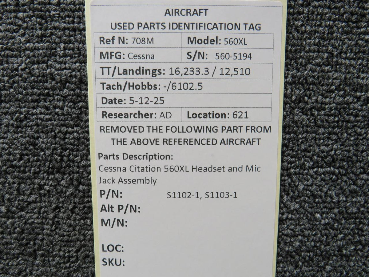 Cessna Citation S1102-1, S1103-1 Cessna Citation 560XL Headset and Mic Jack Assembly