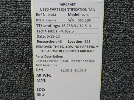 Cessna Citation S1102-1, S1103-1 Cessna Citation 560XL Headset and Mic Jack Assembly