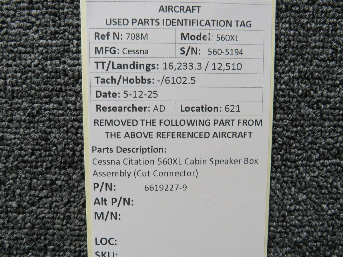 Cessna Citation 6619227-9 Cessna Citation 560XL Cabin Speaker Box Assembly (Cut Connector)