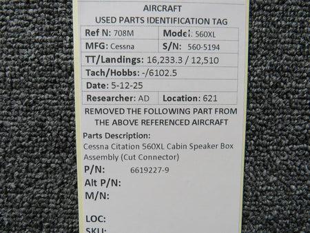 Cessna Citation 6619227-9 Cessna Citation 560XL Cabin Speaker Box Assembly (Cut Connector)