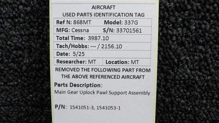 Cessna Aircraft Parts 1541051-3, 1541053-1 Cessna 337G Main Gear Uplock Pawl Support Assembly