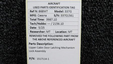 Cessna Aircraft Parts 1517114-1 Cessna 337G Upper Cabin Door Latching Mechanism Lock Assembly