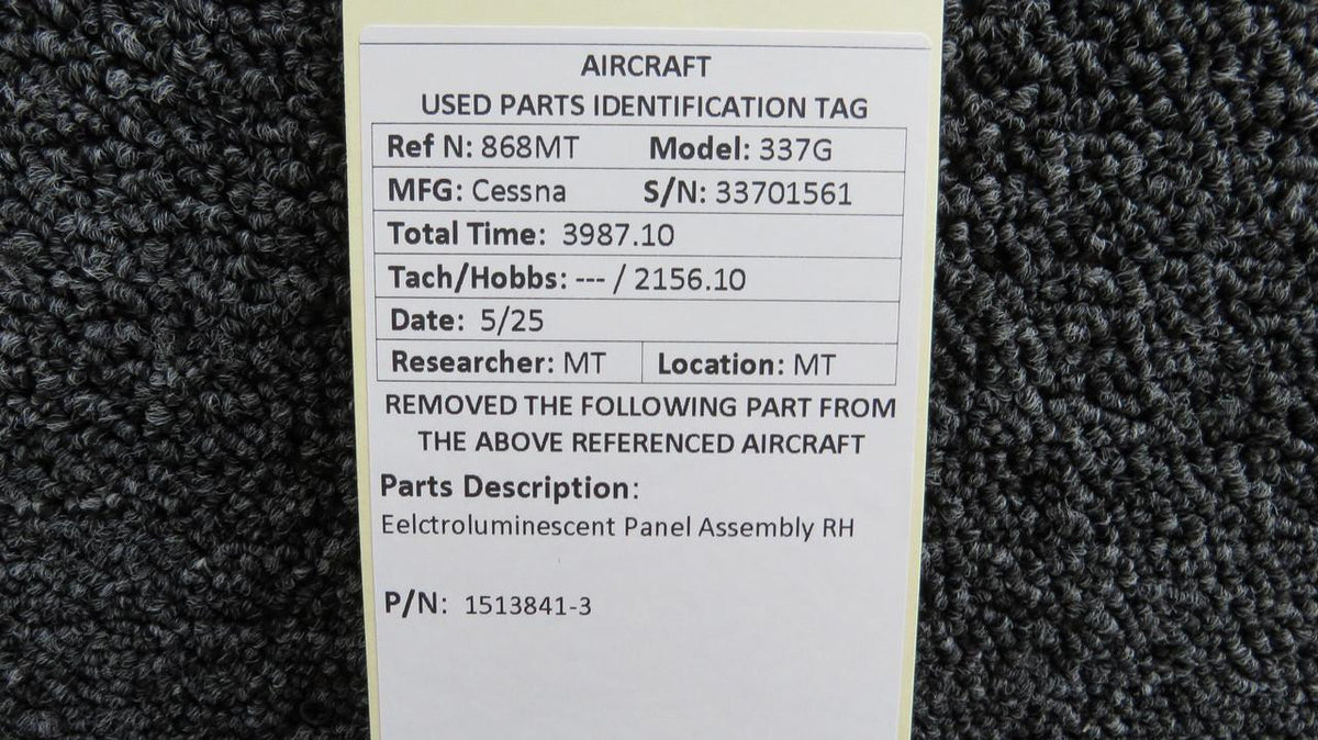 Cessna Aircraft Parts 1513841-3 Cessna 337G Eelctroluminescent Panel Assembly RH