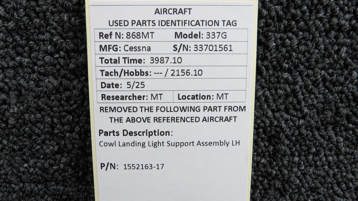 Cessna Aircraft Parts 1552163-17 Cessna 337G Cowl Landing Light Support Assembly LH