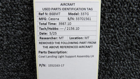 Cessna Aircraft Parts 1552163-17 Cessna 337G Cowl Landing Light Support Assembly LH