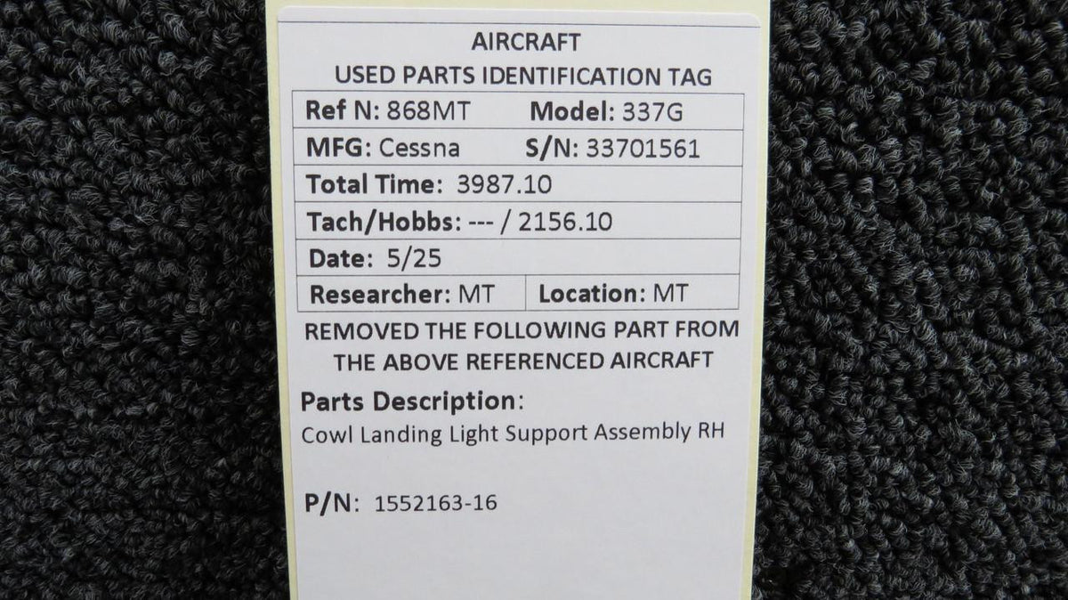 Cessna Aircraft Parts 1552163-16 Cessna 337G Cowl Landing Light Support Assembly RH