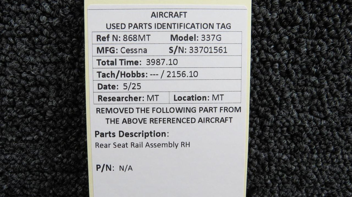 Cessna Aircraft Parts Cessna 337G Rear Seat Rail Assembly RH