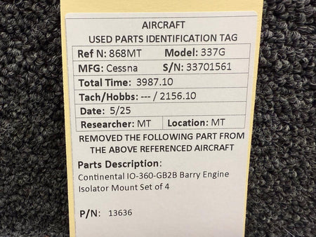 Barry Controls 13636 Continental IO-360-GB2B Barry Engine Isolator Mount Set of 4
