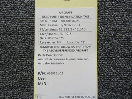 Aircraft Accessories 6660361-18 Aircraft Accessories Aileron Trim Tab Actuator Assembly