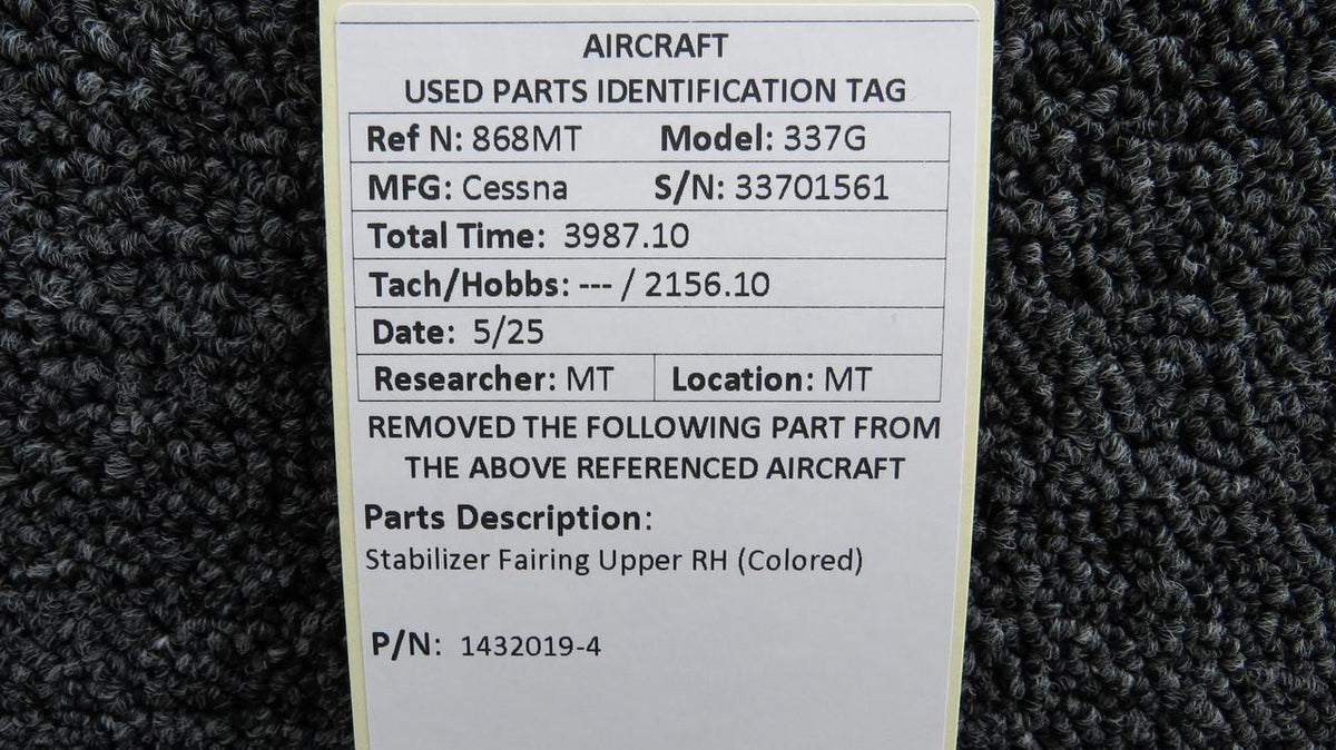 Cessna Aircraft Parts 1432019-4 Cessna 337G Stabilizer Fairing Upper RH (Colored)