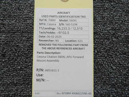 Cessna Citation 6651611-1 Cessna Citation 560XL APU Forward Mount Assembly