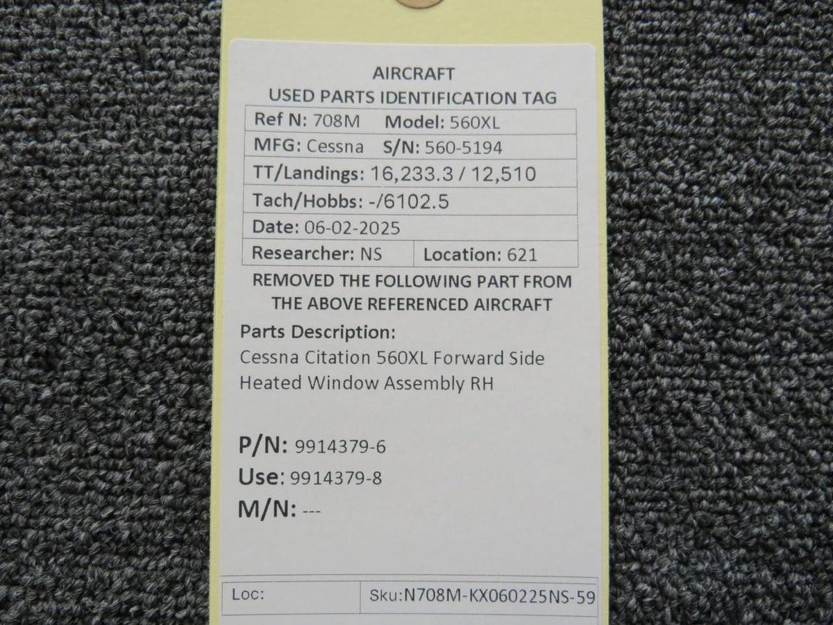 Cessna Citation 9914379-6 Cessna Citation 560XL Forward Side Heated Window Assembly RH