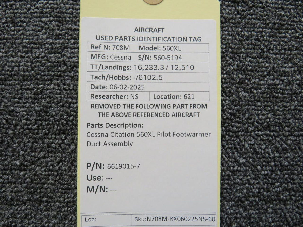 Cessna Citation 6619015-7 Cessna Citation 560XL Pilot Footwarmer Duct Assembly