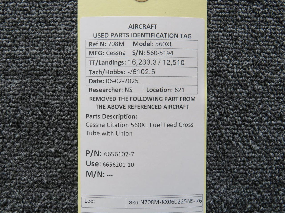 Cessna Citation 6656102-7 Cessna Citation 560XL Fuel Feed Cross Tube with Union