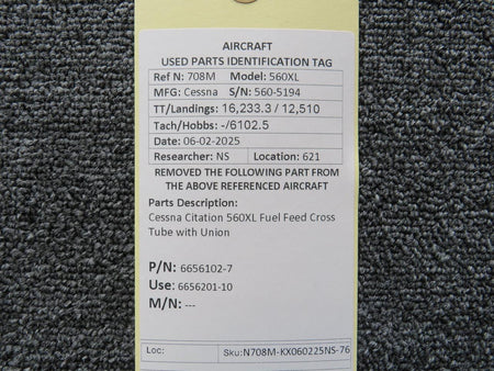 Cessna Citation 6656102-7 Cessna Citation 560XL Fuel Feed Cross Tube with Union