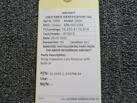 Cessna Citation 31-2345-1, A7079B-24 Wing Inspection Lens Retainer with Bulb LH