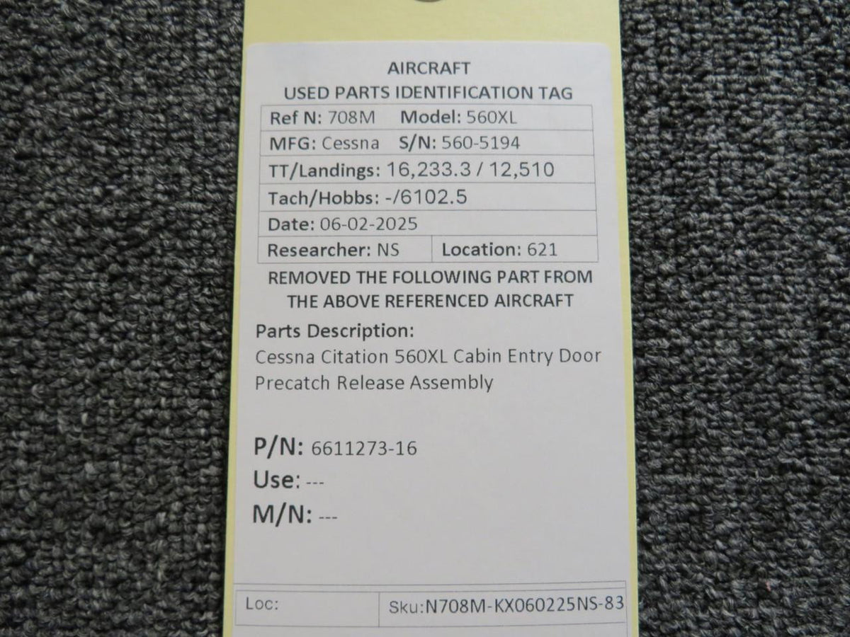 Cessna Citation 6611273-16 Cessna Citation 560XL Cabin Entry Door Precatch Release Assembly