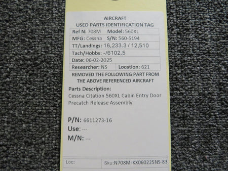 Cessna Citation 6611273-16 Cessna Citation 560XL Cabin Entry Door Precatch Release Assembly