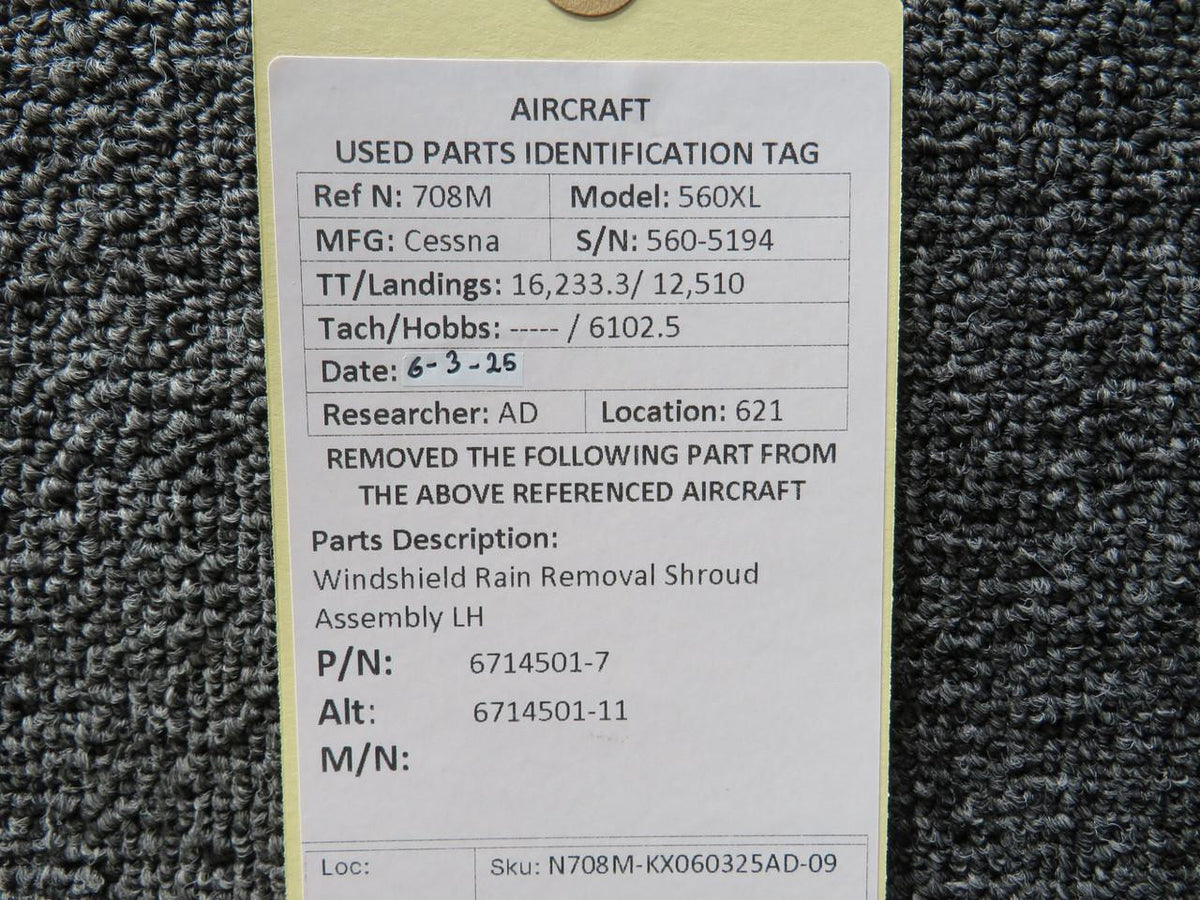 Cessna Citation 6714501-7 Cessna Citation 560XL Windshield Rain Removal Shroud Assembly LH