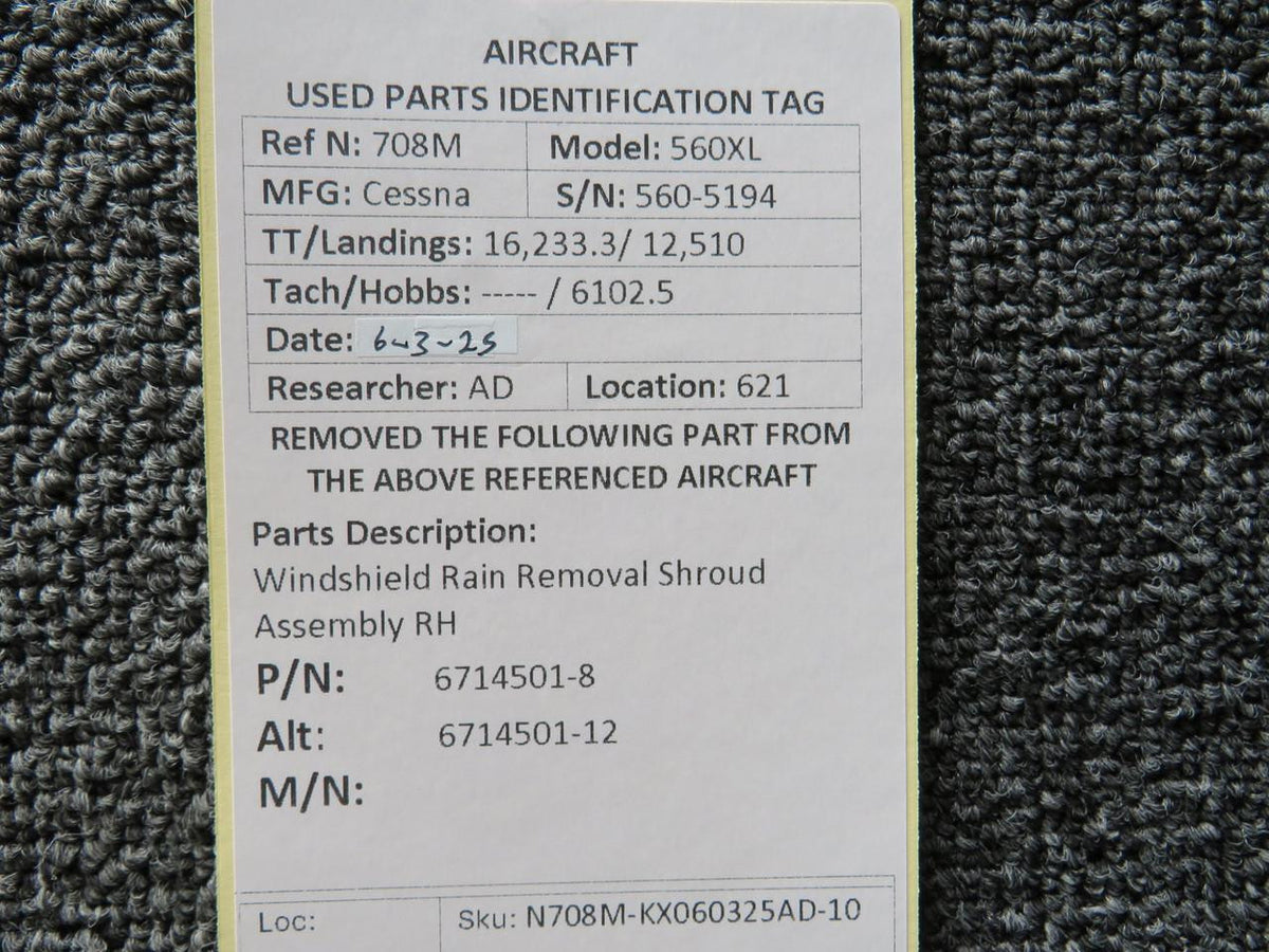 Cessna Citation 6714501-8 Cessna Citation 560XL Windshield Rain Removal Shroud Assembly RH
