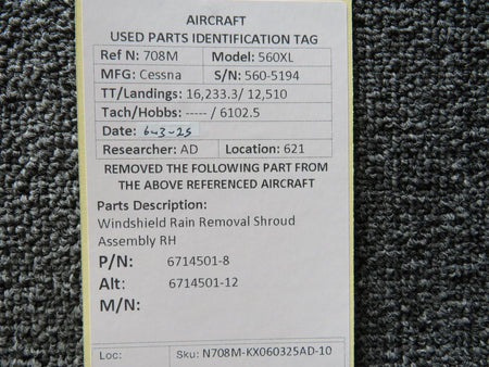 Cessna Citation 6714501-8 Cessna Citation 560XL Windshield Rain Removal Shroud Assembly RH