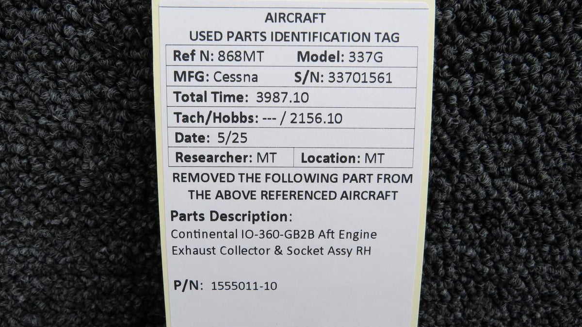 Continental Motors  1555011-10 Continental IO-360-GB2B Aft Engine Exhaust Collector & Socket Assy RH